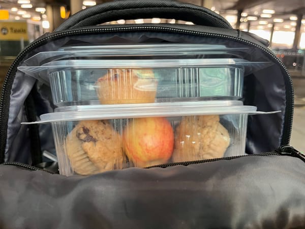 Backpack with muffins, and apple in a plastic container.